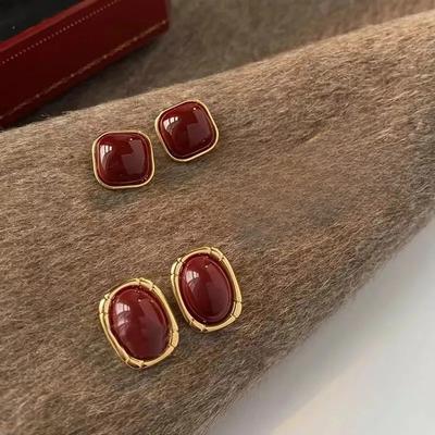 Vintage Enamel Stud Earrings for Women - Wine Red Geometric Square Metal Earrings, Hypoallergenic Wedding & Party Jewelry Gift