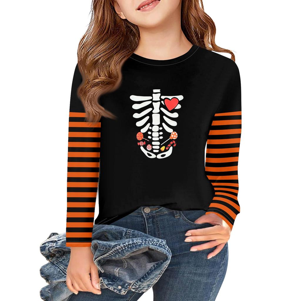 Girls Long Sleeve Halloween Day T Shirts Kids Fall Tops Crewneck Basic Tees 2-11Y