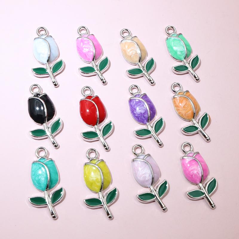 20pcs 21x10mm Enamel Rose Bud Flower Charms Pendant Alloy Metal DIY Jewelry Making Accessories Findings for Necklace Earrings