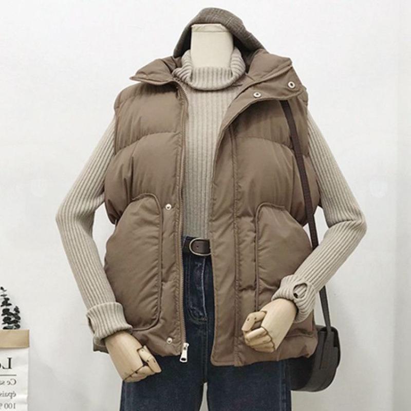 

Женский приталенный модный пуховый жилет со стойкой - Универсальный дизайн без рукавов, подчеркивающий талию, для осени и зимы M (Recommended 85-105 lbs) кофейный