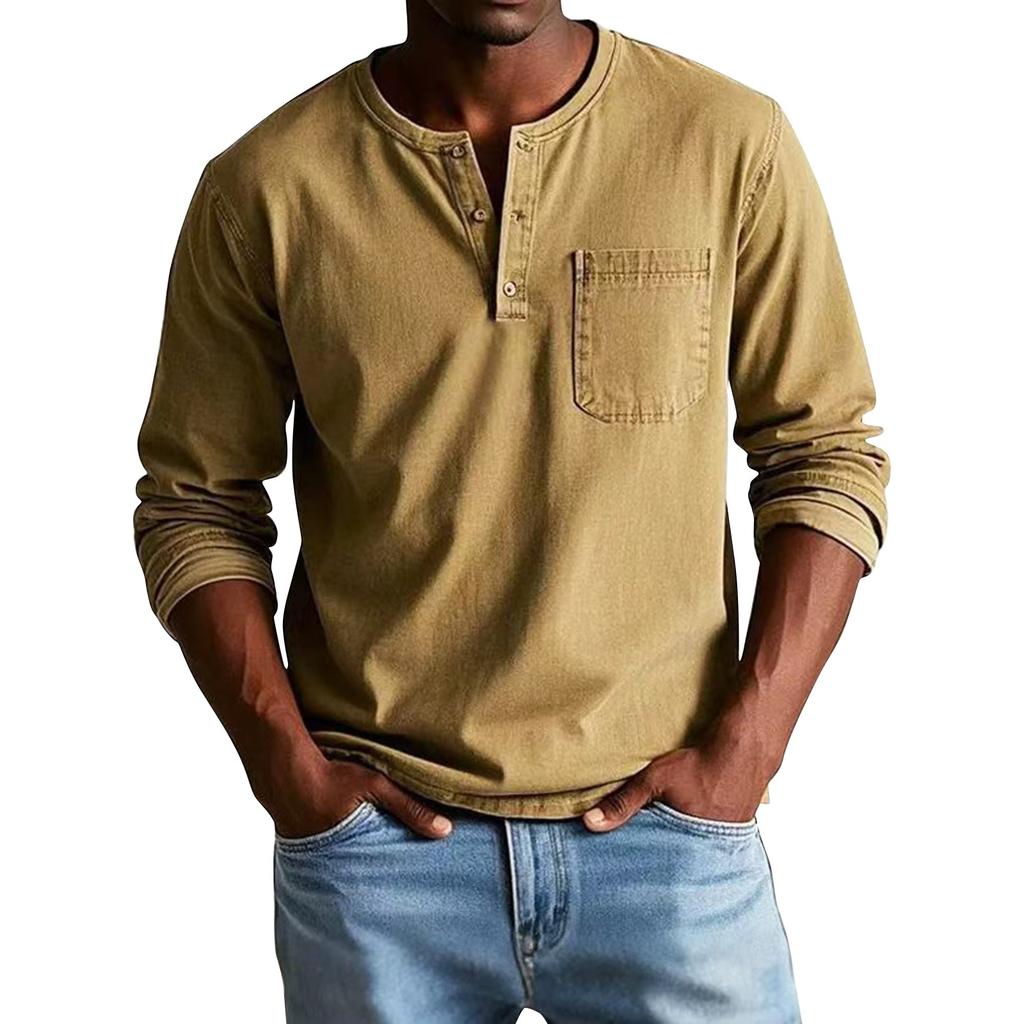 Men's Solid Color Distressed Button Collar Long Sleeve Tops Men's Casual Fashion Tops