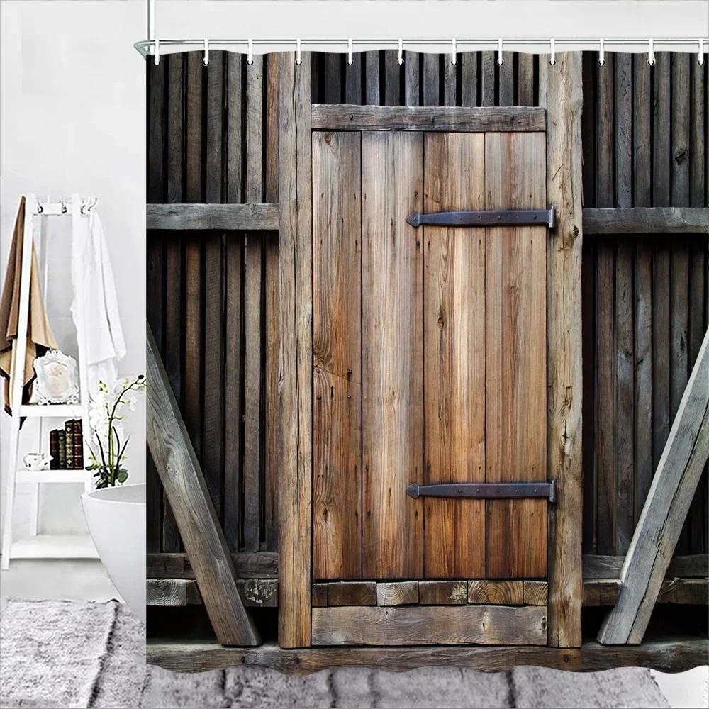 Rustic Wooden Barn Door Decor Shower Curtain For Bathroom Western Country Theme Vintage Rural Farm House Door Bath Curtains Set