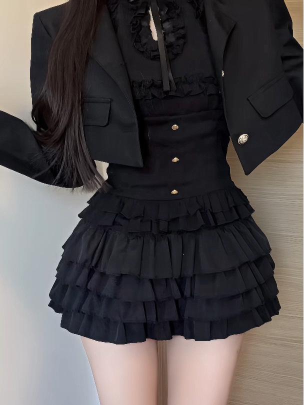 Chic Black Layered Fluffy Skirt: Sweet, Slimming, and Age-Reducing L