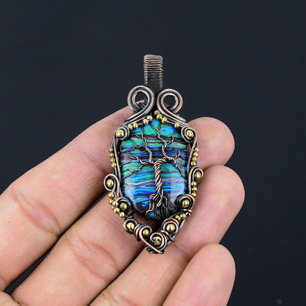 Tree Of Life Rainbow Calsilica  Gemstone Pure Copper Wire Wrapped Handmade Pendant Jewelry