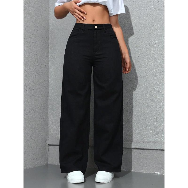 Retro Loose Wide Leg Jeans Fashion Women Solid Straight Wash High Elastic Waist Denim Pants Casual Streetwear Pocket Trousers