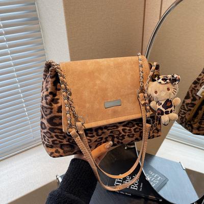 Leopard Print Large-Capacity Bag Women'S Autumn And Winter Shoulder Armpit Bag Retro Soft-Faced Chain Commuter Tote Bag