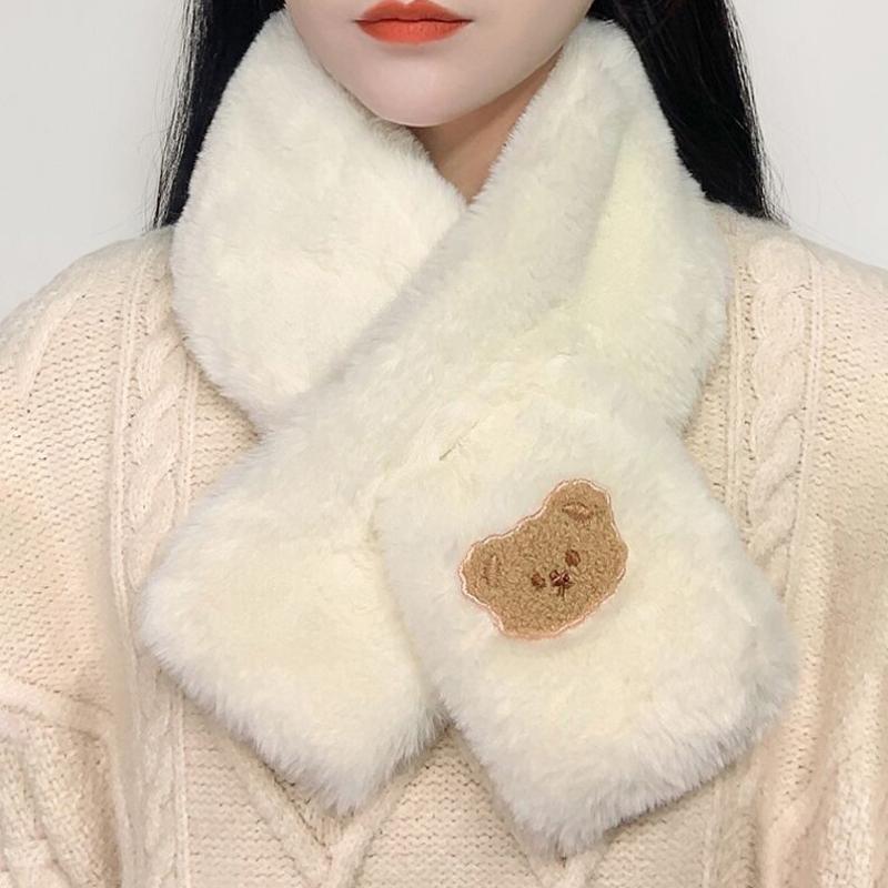 Elegant Faux Rabbit Fur Winter Warm Neck Warmer Cross Scarf Solid Color Neckerchief For Women Cute Little Bear Plush Scarf