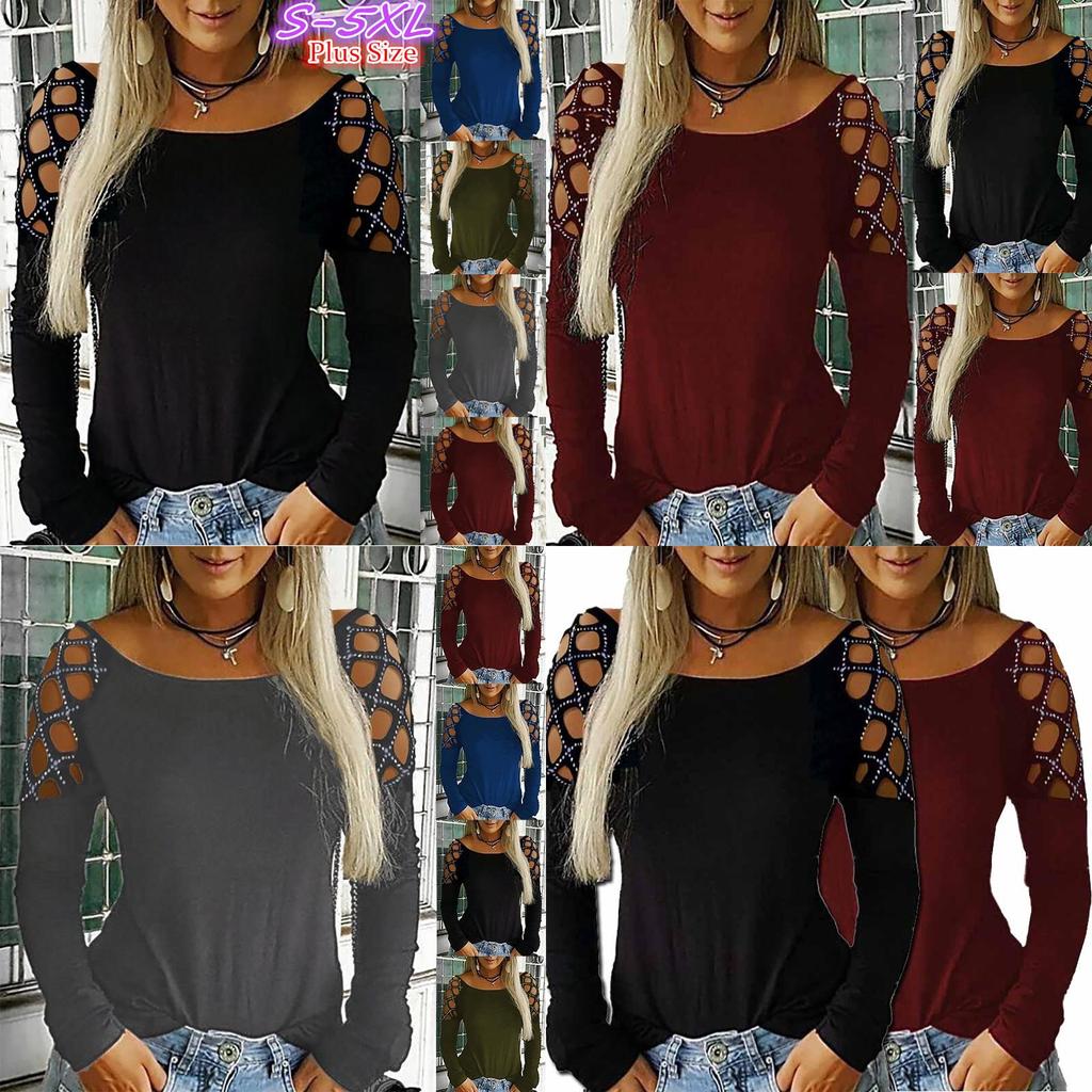 Cotton Long Sleeve T Shirt With Cutout Pattern And Sparkling Details For Women