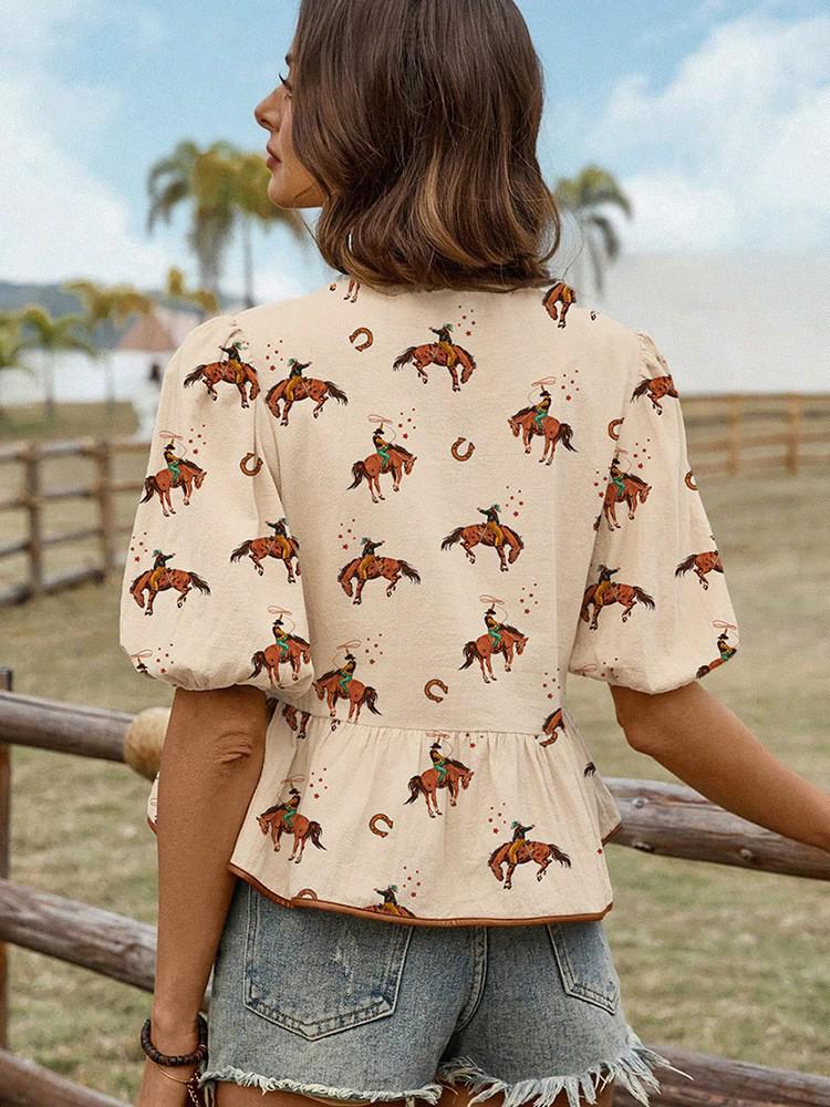 2025 Summer Women's Printed Bow Tie Short Sleeve Round Neck Top - European & American Fashion Trend