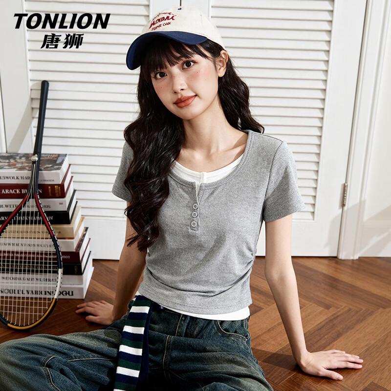 TonLion Women s Faux Two-Piece U-Neck Slim Fit Short Sleeve T-Shirt XL