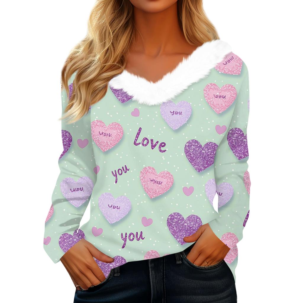 Women's Valentine's Day Printed Long-Sleeved Shirt, V-Neck, Casual Loose-Fitting T-Shirt Top