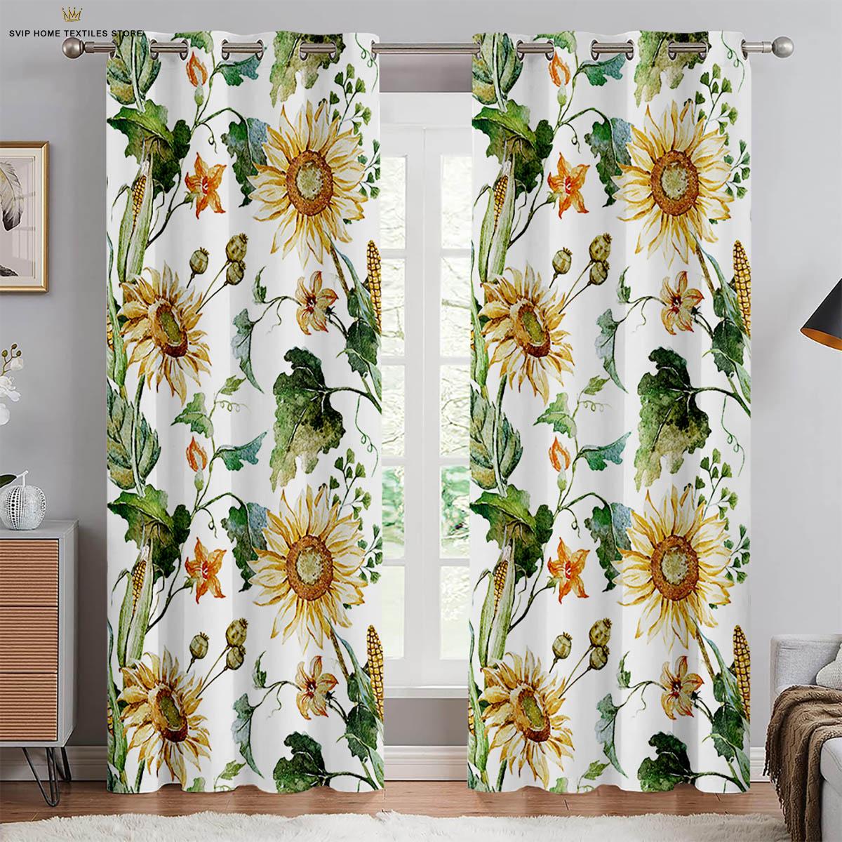 

Sunflower Retro Floral Print Curtains, Pastoral Style Curtains, Bedroom, Living Room, Homestay, Decorative, Can Be Customize, W50X130H(CM)X2PCS&Grommet Top