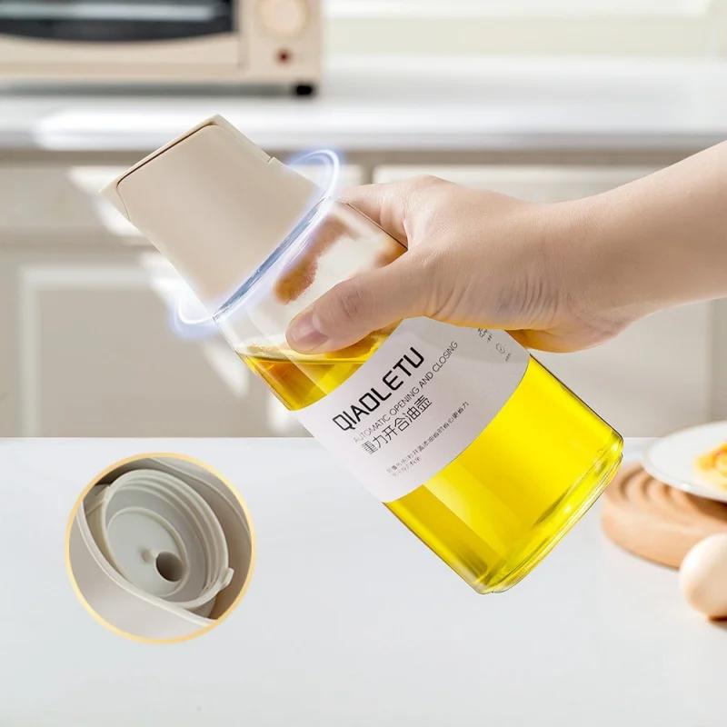 Oil Spray Bottle 450ml Glass Cooking Oil Dispensers Non Stick Oil Kitchen Pour Oil Container Automatic Opening And Closing Oiler