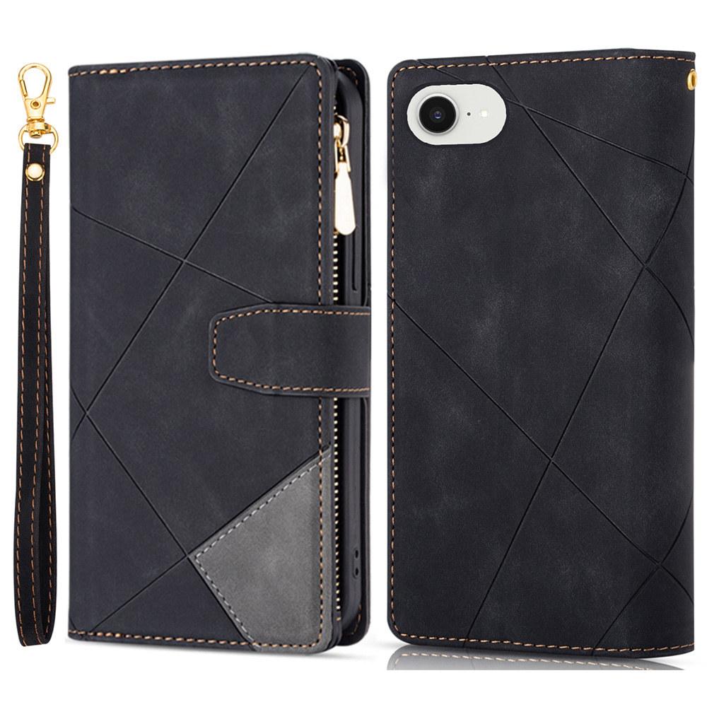 

For iPhone 16e Wallet Case Color Splicing Leather Phone Cover with Stand Black