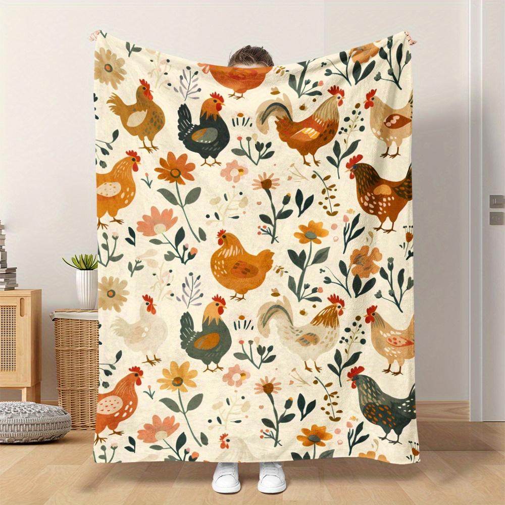 1pc Chicken Element Blanket, Vintage Illustration Style, Chickens On The Farm, Flowers, Plants, Animals, Birds, Soft And Warm Pr