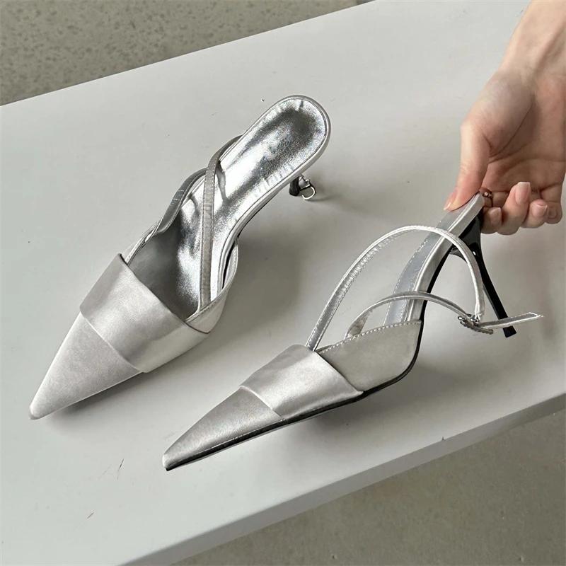 Eilyken Silk Pointed Toe Buckle Strap Women Pumps Elegant Thin High Heels Sandals Sexy Party Stripper Mules Shoes