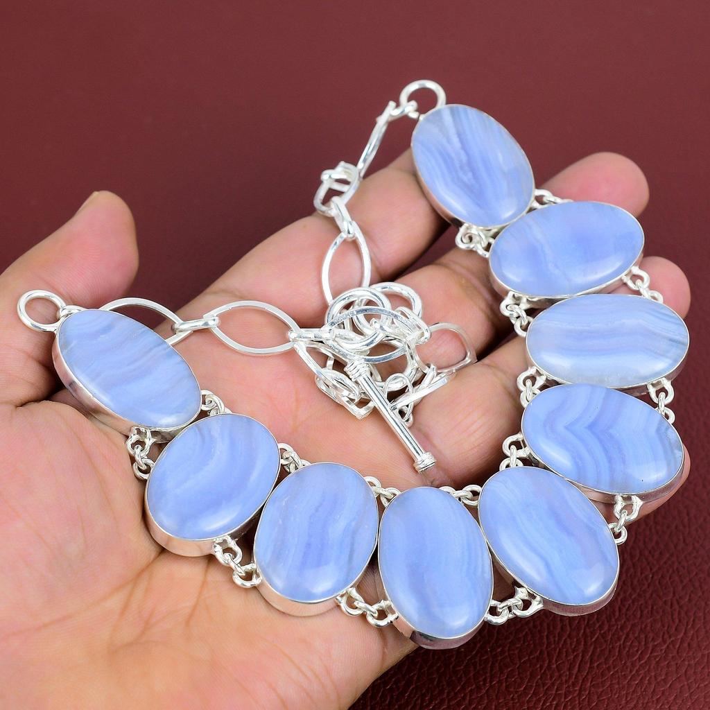 Blue Lace Agate Gemstone Necklace Handmade Jewelry 925 Sterling Silver Necklace Adjustable Chain Necklace Designer Jewelry Gifts for Mother