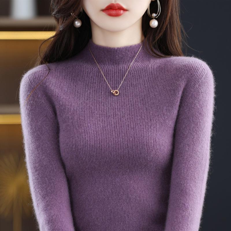 Women's Slim-Fit Korean Style 100% Wool Sweater, Half-High Neck Knit Base Layer for Autumn/Winter