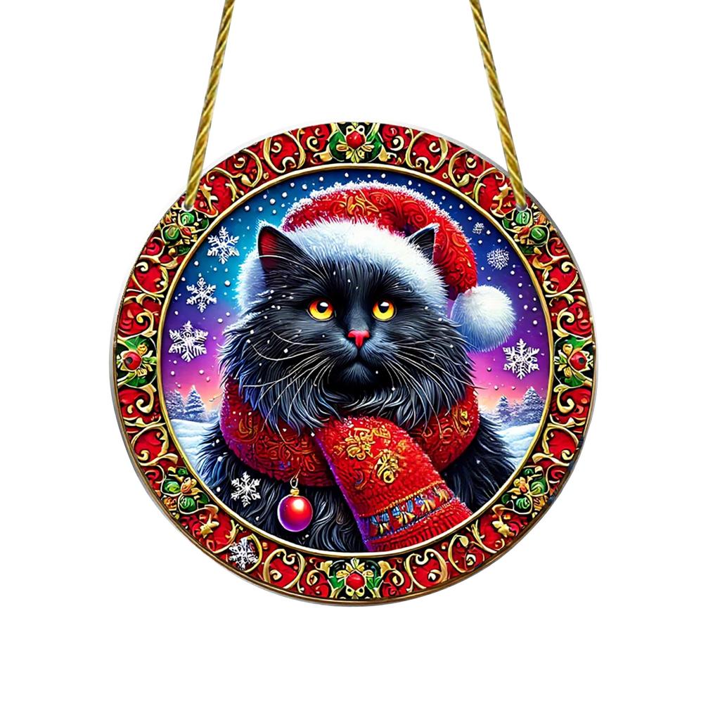 Cat Wearing Christmas Hat 2D Flat Acrylic Christmas Theme Garden Door And Window Hanging Decoration Holiday Ornaments