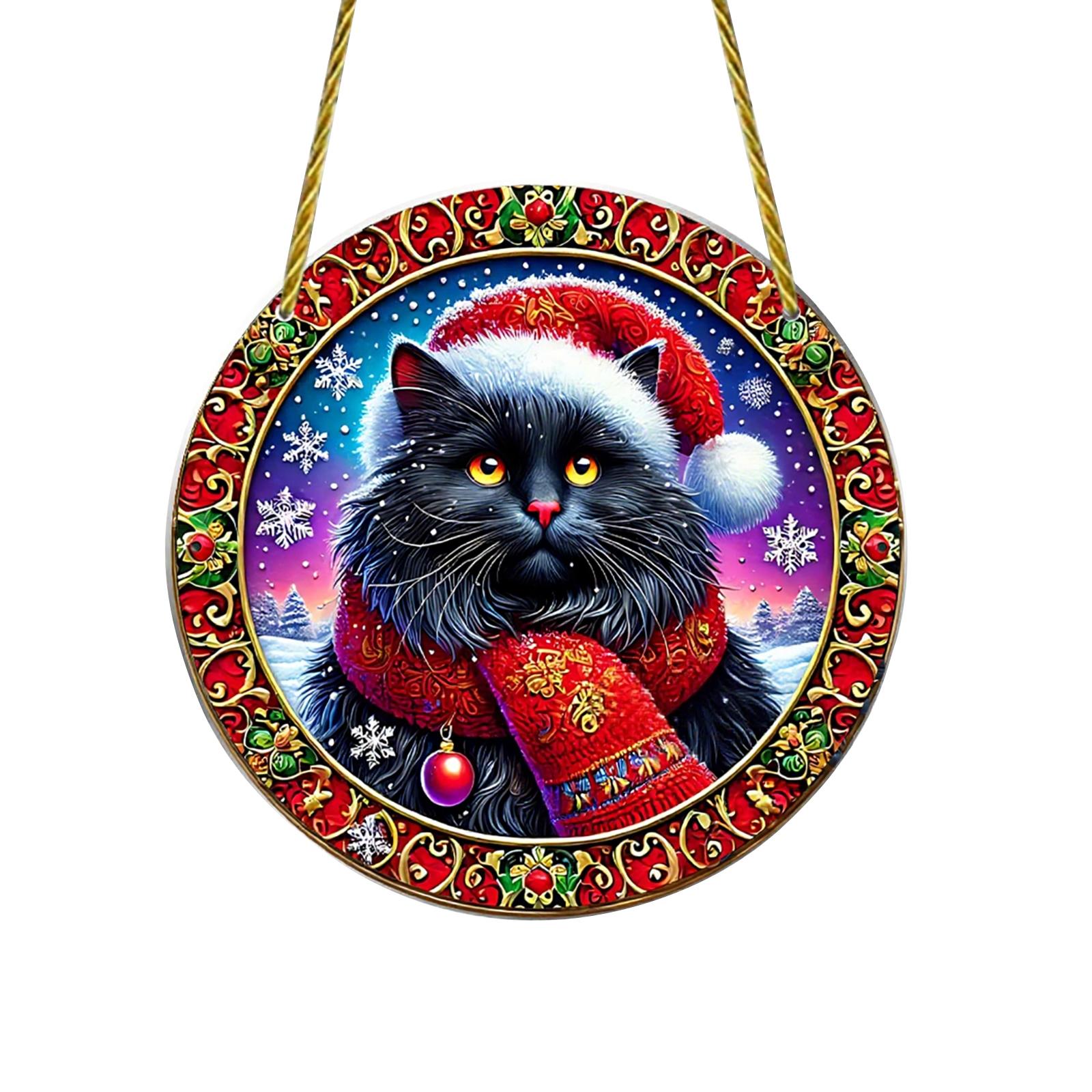 

Cat Wearing Christmas Hat 2D Flat Acrylic Christmas Theme Garden Door And Window Hanging Decoration Holiday Ornaments One Size