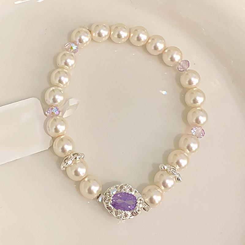 Hot Selling Pearl Beaded Bracelet 2025 New Oval Purple Zircon Pigeon Egg Elastic Rope Bracelet