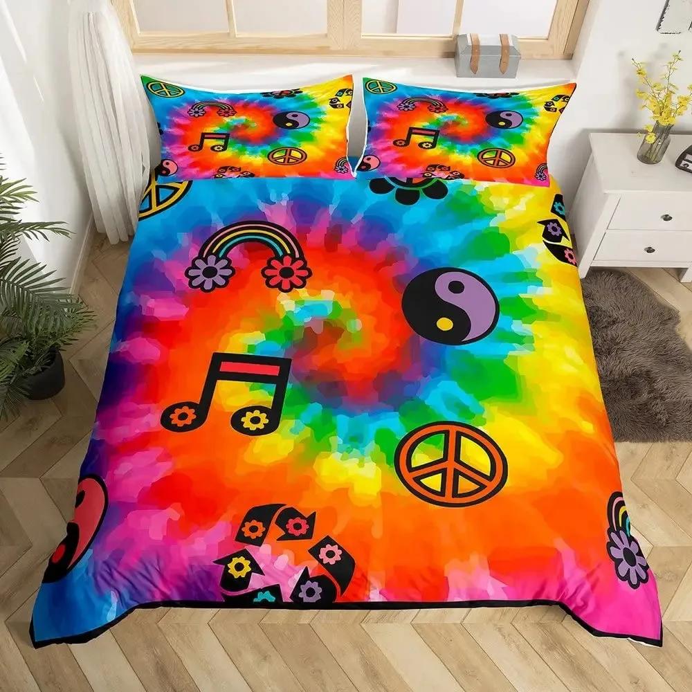 Buntes Friedenssymbol Bettbezug-Set Queen-Size Boho Hippie Psychedelische Blumen Bettwäscheset Regenbogen Batik Deckenbezug-Set