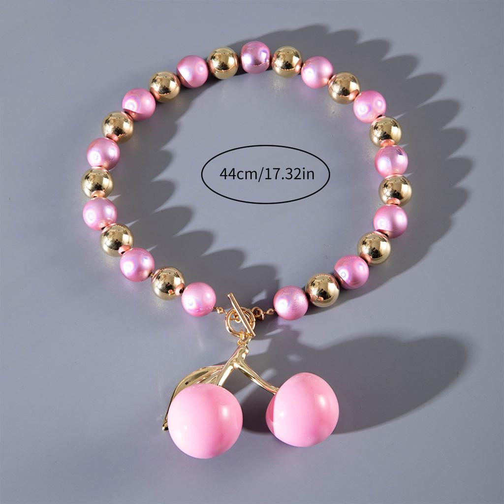 Pink Cherry Pendant Necklace for Women Sweet and Vibrant Style Clavicle Chain Exaggerated Fruit Charm Neckchain Jewelry