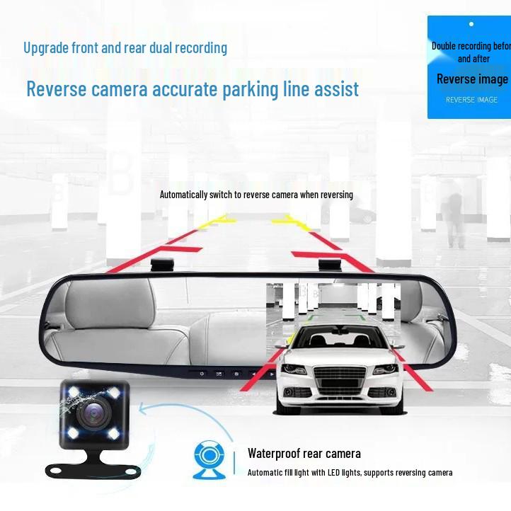 Dual Camera Rearview Mirror Dash Cam with Reversing Image and DVR for Front and Rear Recording