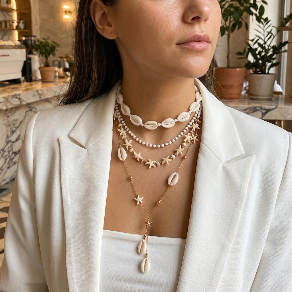 Bohemian Shell Starfish Layered Y-shaped Necklace Set for Women Trendy Imitation Pearl Choker Chain Beach Party Jewelry Gift