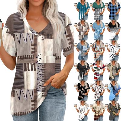 Womens Tops V-neck Short Sleeve Blouses Casual Fashion Print Tunic Tops With Pockets