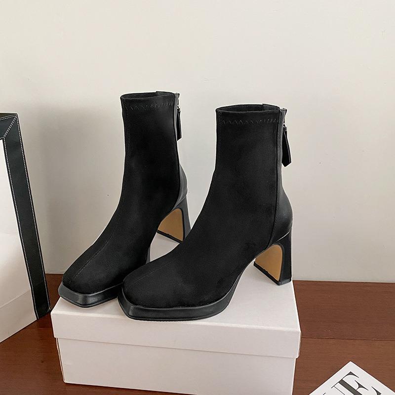 Waterproof Table High Heels Autumn and Winter New Suede Short Boots Thick Heel Thin Boots Black Square Head Short Boots Women