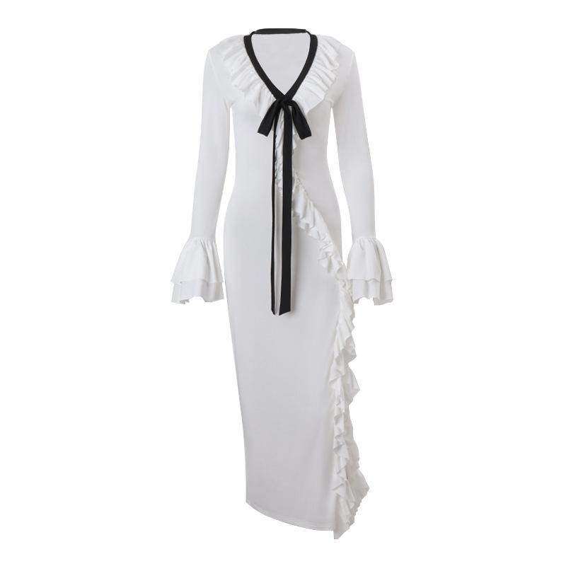 

ins European and American style winter new sexy light and familiar V-neck strap lotus leaf design split-ended long-sleeved dress women S белый