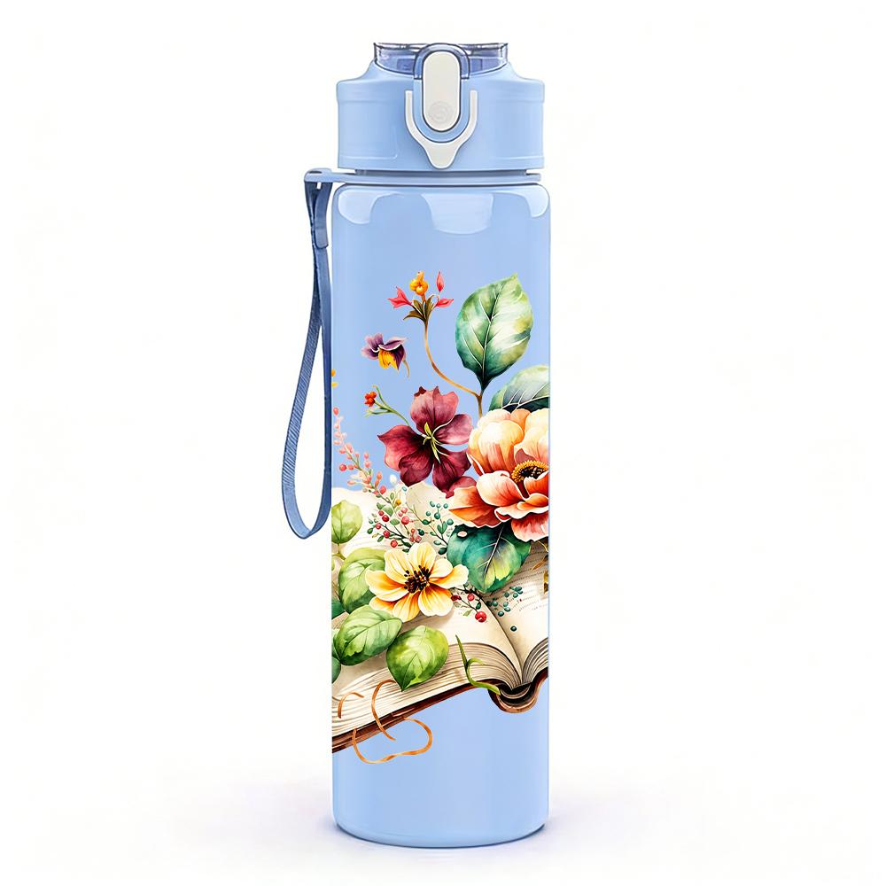 1PC Open Book Fresh Floral Arrangement 750ml Color Plastic Sports Water Bottle Leakproof Flip Straw Lid Suitable for Sports Office Home Use