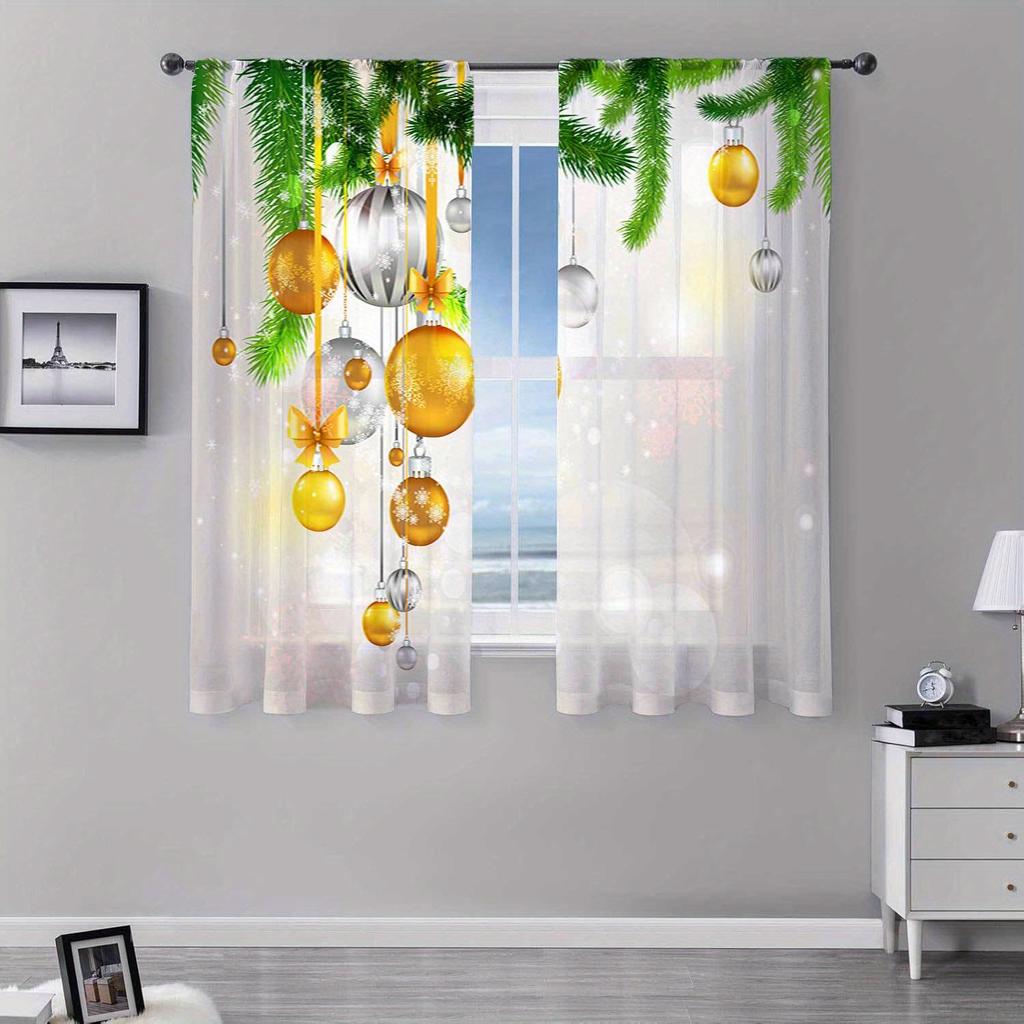 Glam Christmas Curtains Semi-Sheer Polyester Rod Pocket Drapes with Festive Holiday Print for Living Room Bedroom Window Decor