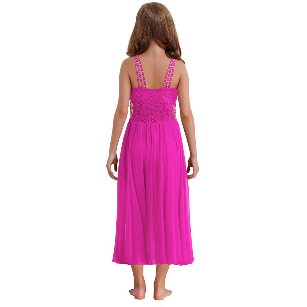 Girls Performance Dress Shiny Sequins Rhinestones Strappy Cutout Waist Side Split Mesh Dancewear