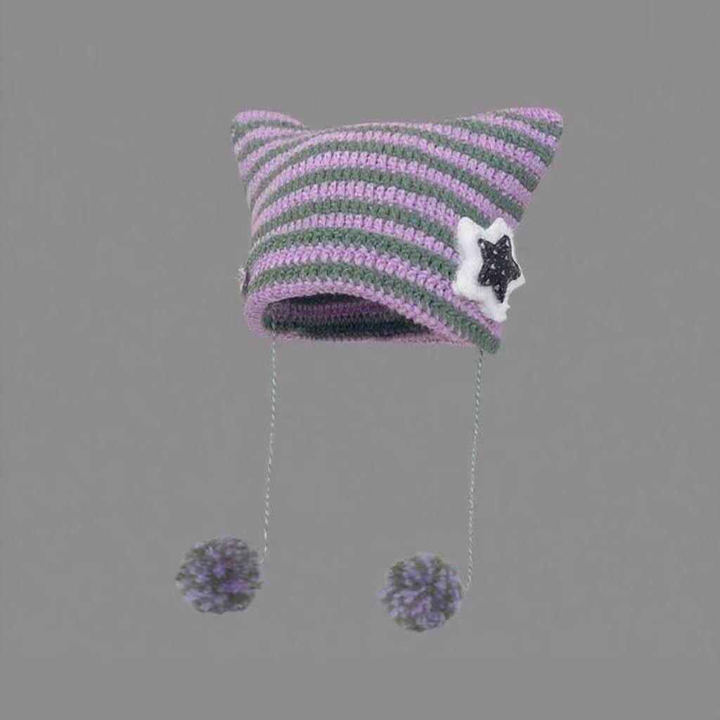 Korean Style Knitted Kitten Ears Beanie - Striped, Warm, Unisex Wool Hat for Students