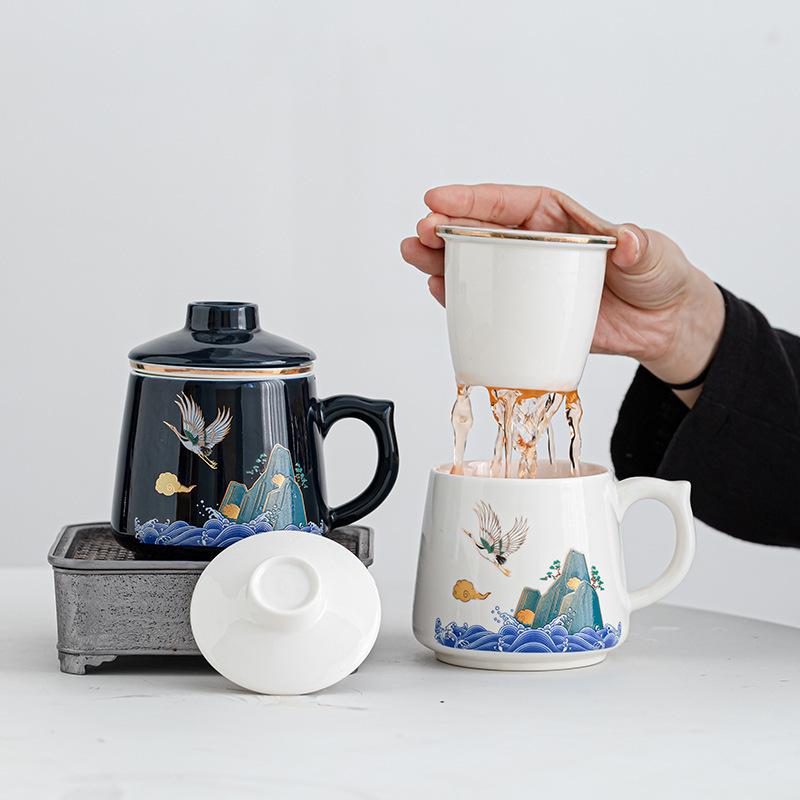 Creative Guofeng Ceramic Three-piece Office Cup Tea Separation Filter Cup White Porcelain Conference Cup Tea Cup Gifts