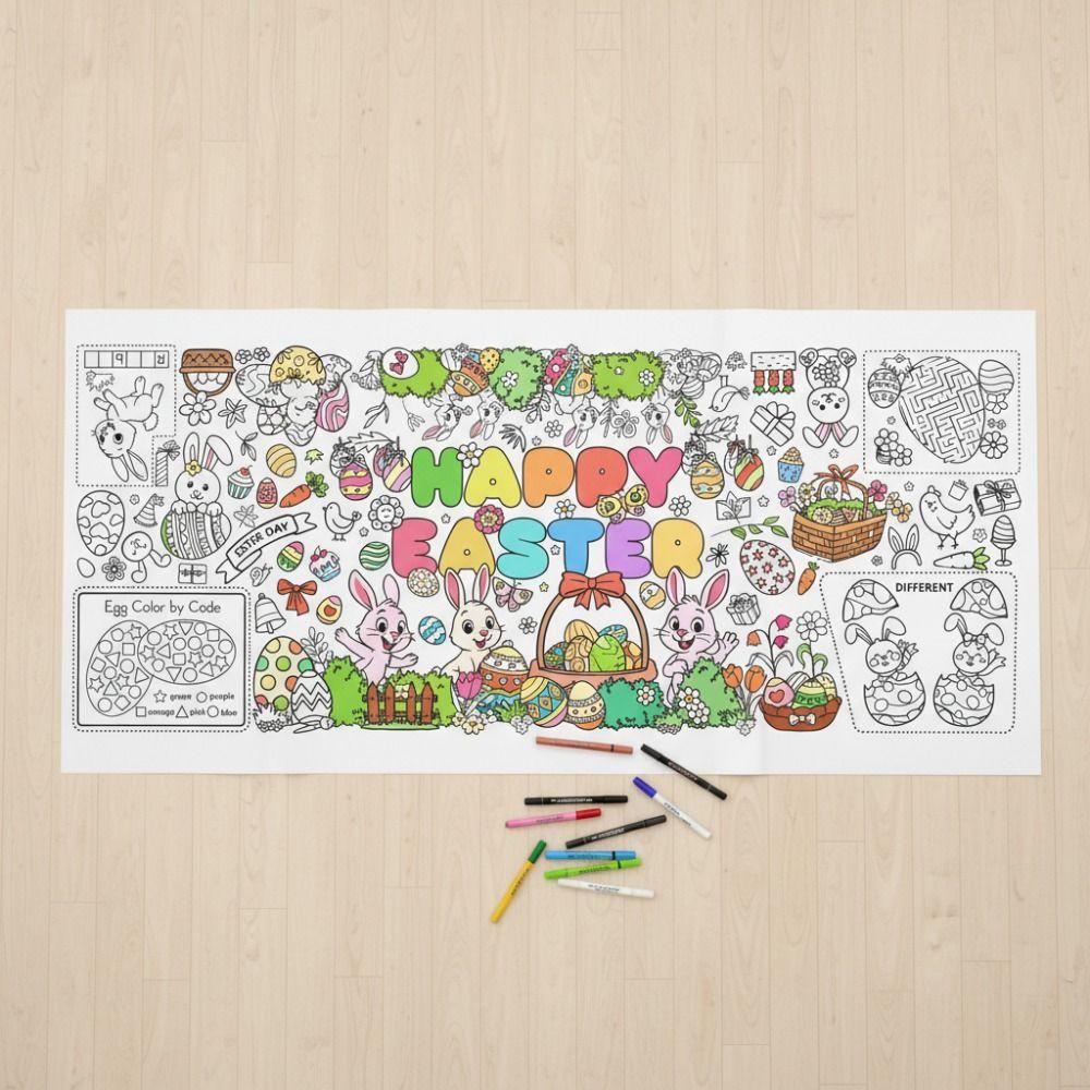 DIY Wielkanocny Gigantyczny Plakat do Kolorowania Sztuka Rękodzieło Kreskówkowy Króliczek Wielkanocny Obrus Bazgroły Prezent Wielkanocny Baner do Kolorowania Rodzina Klasa