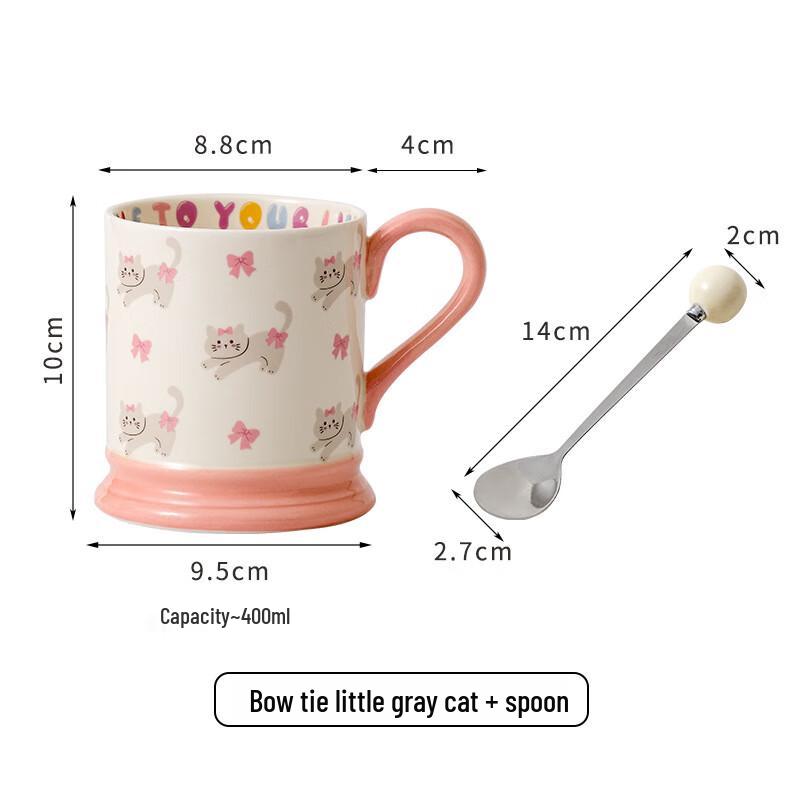 ZISIZ Pink Grey Cat Ceramic Mug with Spoon