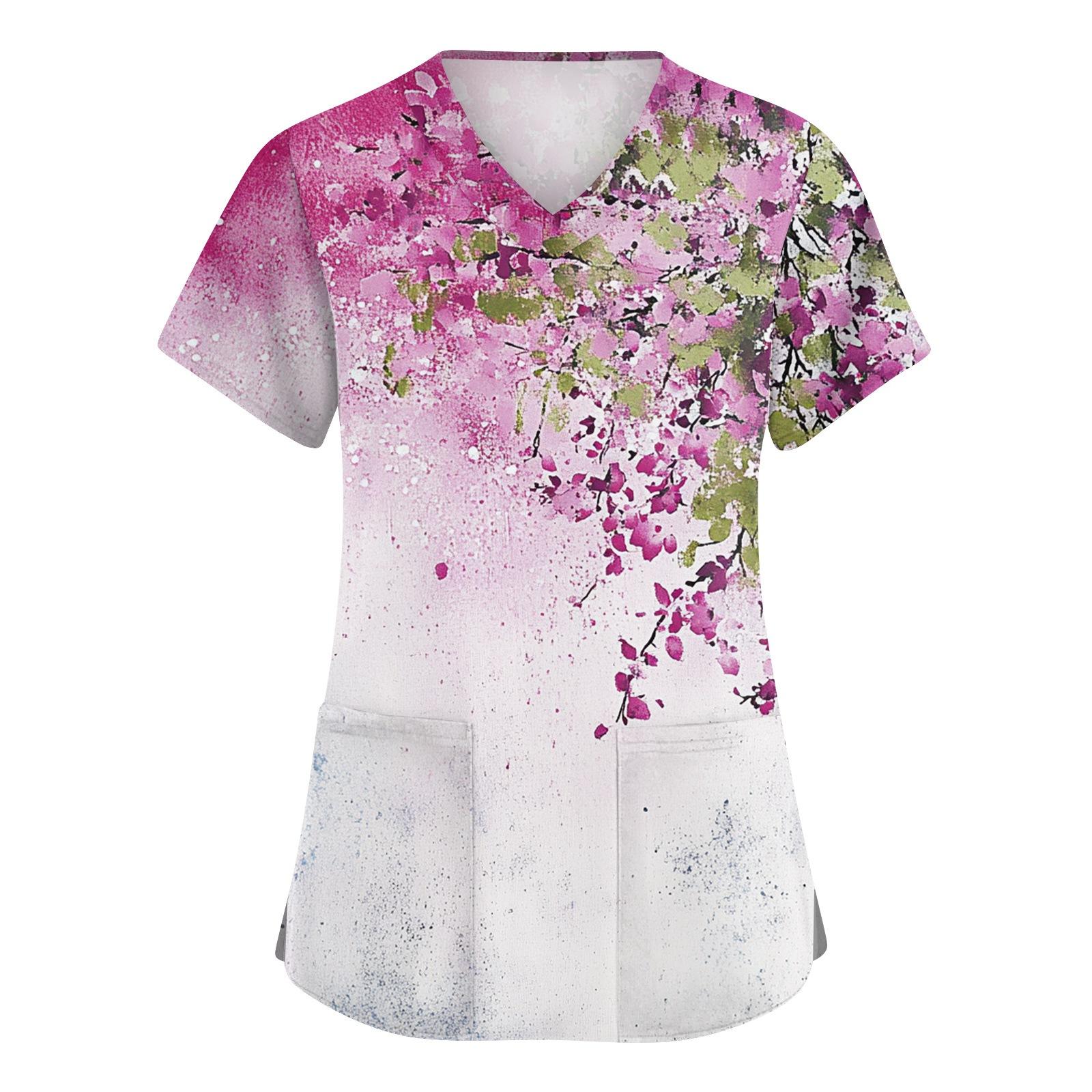 

Женский модный рабочий топ с V-образным вырезом, принтом, короткими рукавами, карманом, боковым разрезом, базовый пуловер S