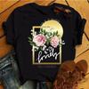 Fashion Women T Shirt Flower Printed T Shirt Casual Black Tops 90s Ladies Girl Tee Shirt Female Harajuku Graphic T -Shirt