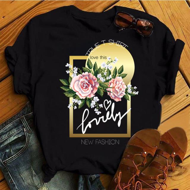 Fashion Women T Shirt Flower Printed T Shirt Casual Black Tops 90s Ladies Girl Tee Shirt Female Harajuku Graphic T -Shirt