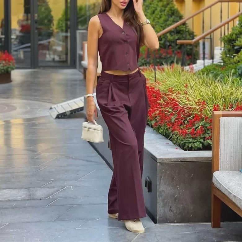 Sleeveless Slim Vest & Wide-Leg Pants Women's Suit
