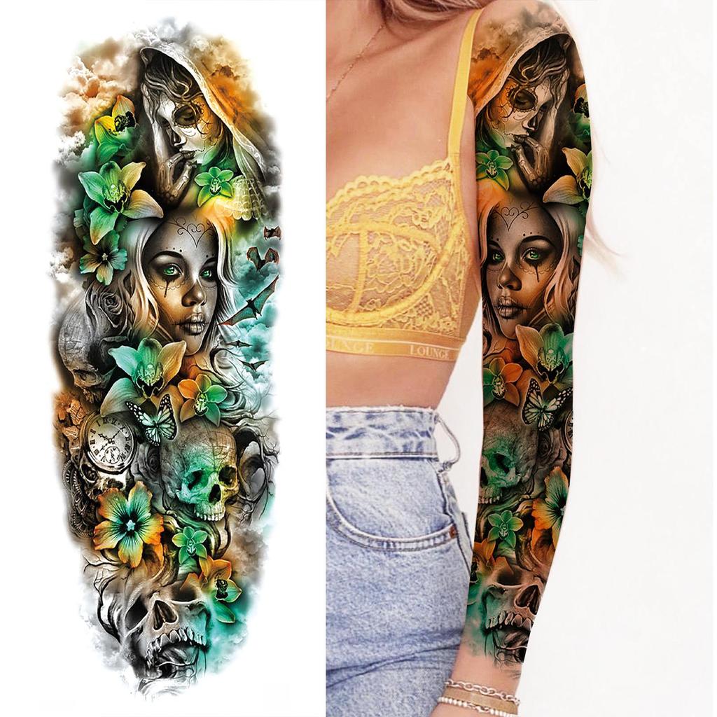 1 Sheet Long Sleeve Temporary Tattoos For Men Women Flower Skull Lion Wolf Tiger Nun Fox Compass Tattoo Sticker Body Art Arm Leg