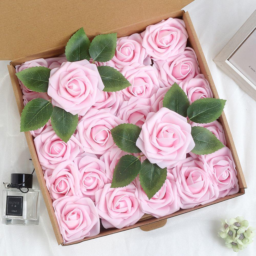 5/100pcs Artificial Fake Roses Heads with Stems Rose Flower and Green Leaves Valentine's Day Wedding Birthday Party Decoration