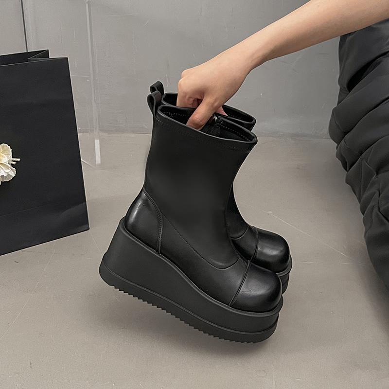 Fashion 8cm Microfiber Leather Platform Boots Women Female Autumn Wedge Boots Zip Women Winter Boots Ankle Shoes High Top