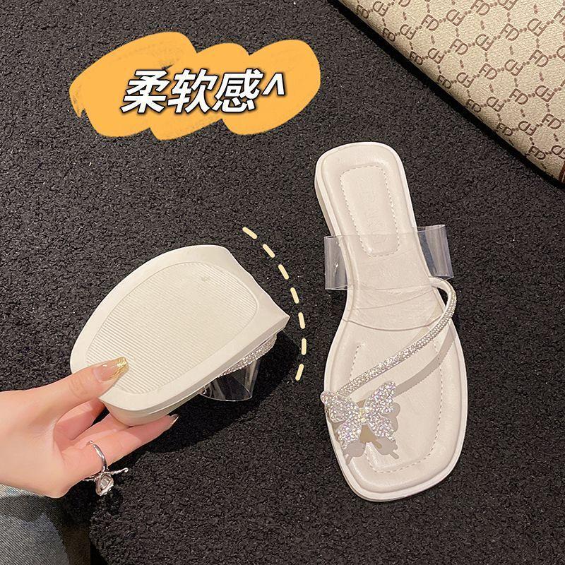 Rhinestone butterfly cover toe cool slippers women wear 2025 summer new low-heeled fairy style with skirt one-word slippers