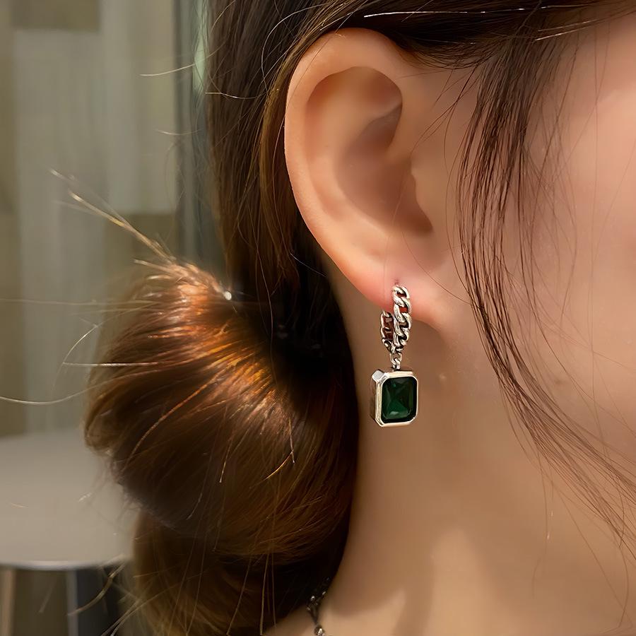 Vintage Hip Hop Green Zircon Geometric Square Dangle Earrings for Women - Trendy and Stylish Ear Cuffs