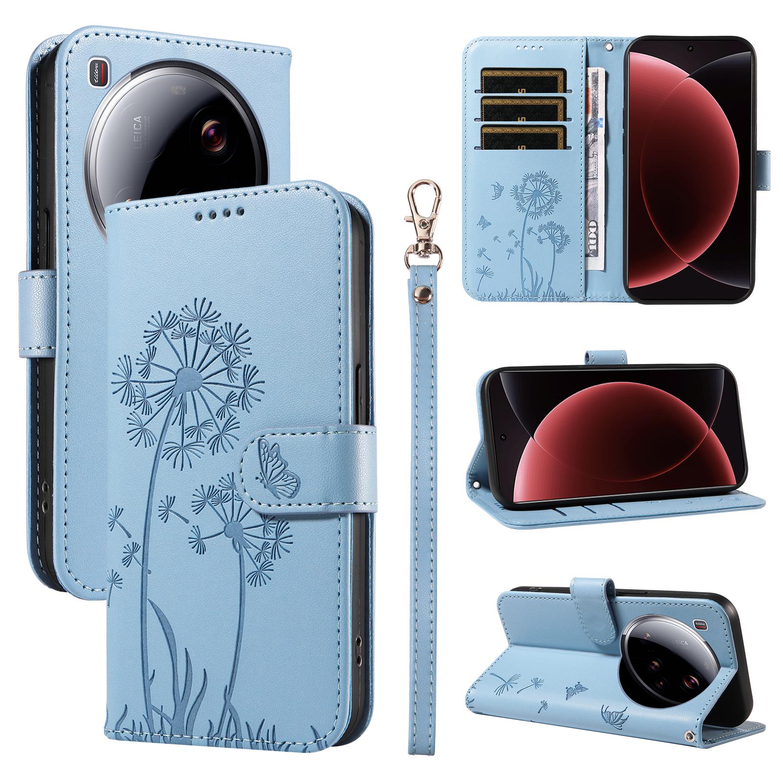 

For Xiaomi 15 Ultra Leather Wallet Case with Strap Dandelion Imprint Phone Stand Cover Sky Blue