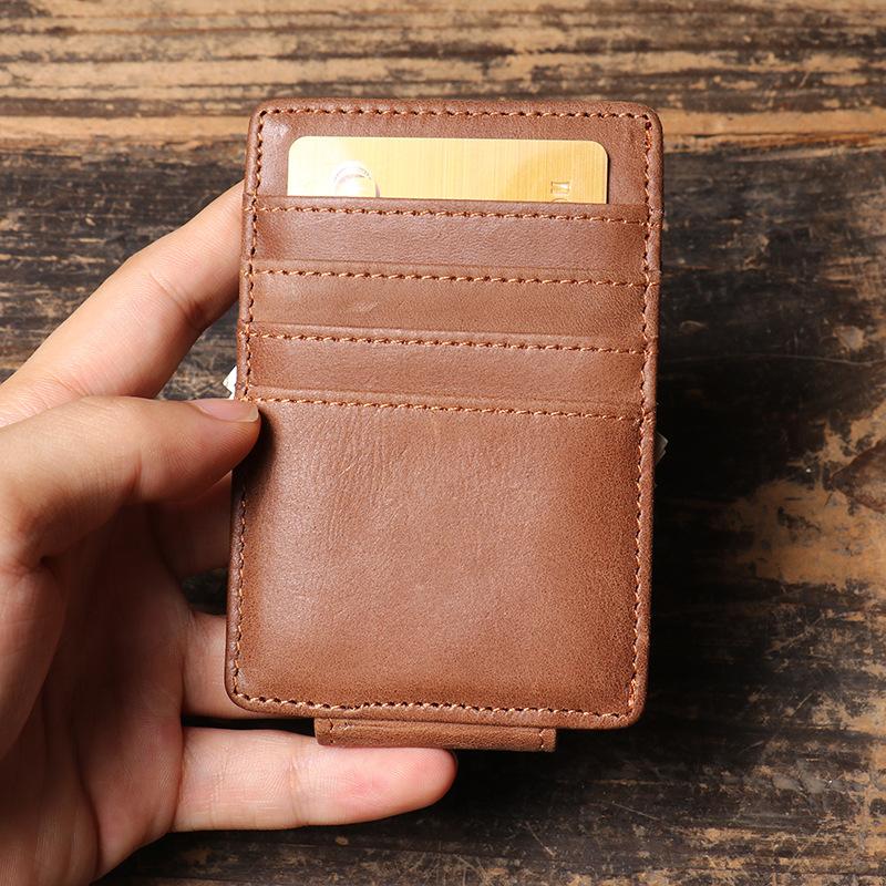 Men'S Genuine Leather Card Bag, First Layer Cowhide Multi-Card Holder, Can Be Used As Rfid Magnet Suction Buckle, Dollar Clip